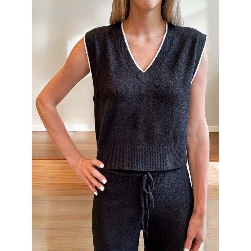 Monrow Womens Black White V-Neck Knit Sweater Vest HT1529 Size Large